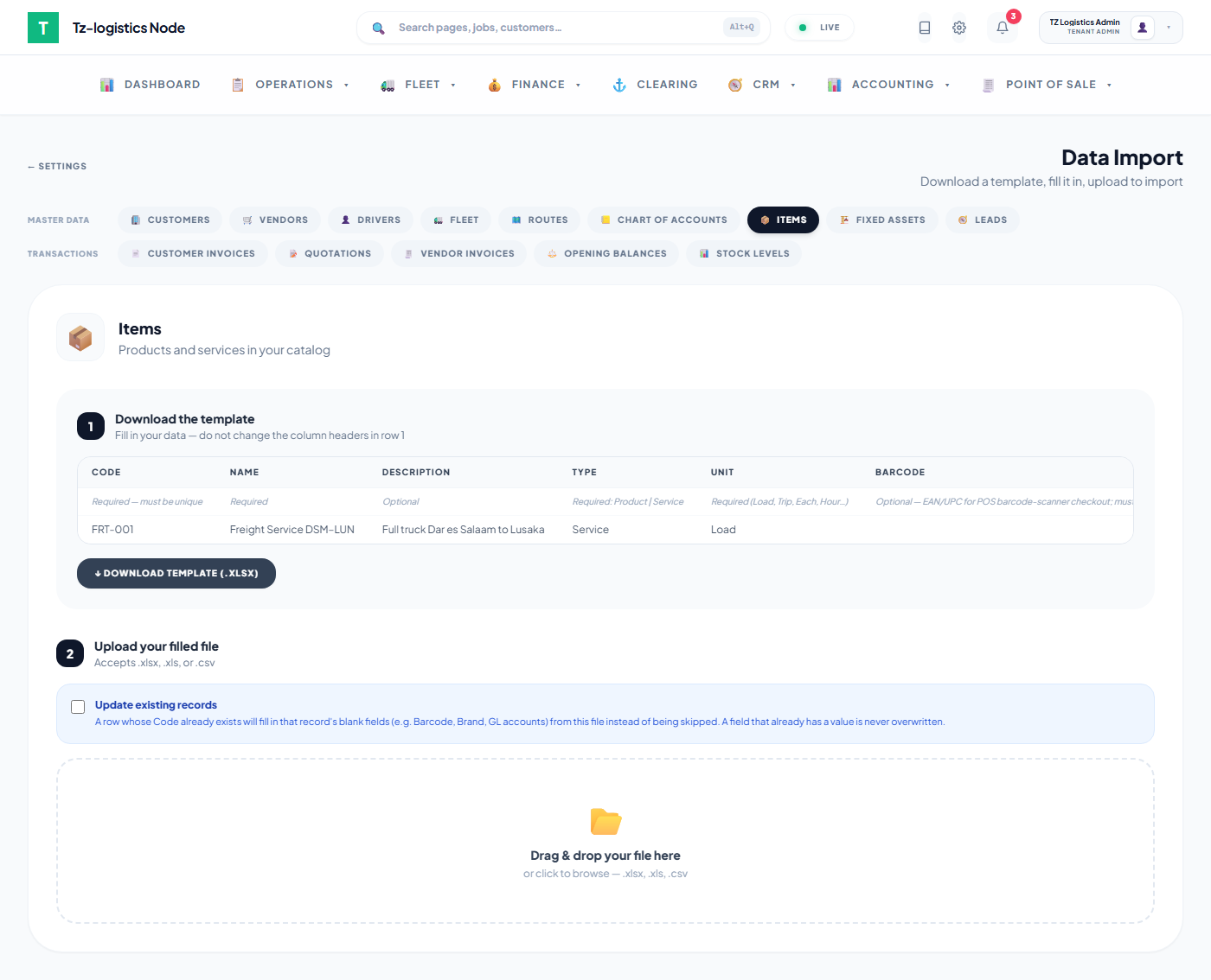 Data Import — Items template and upload