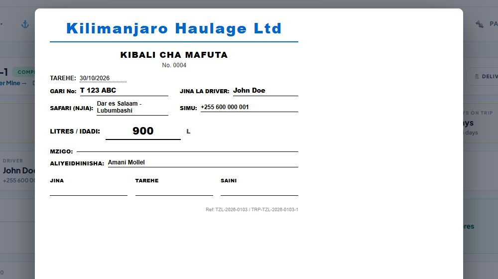 A Kibali Cha Mafuta printed from the trip