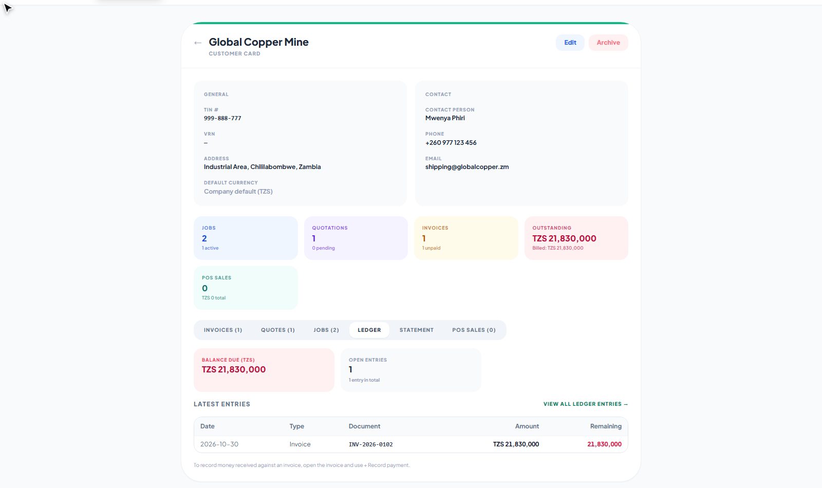 The Ledger tab on the customer card